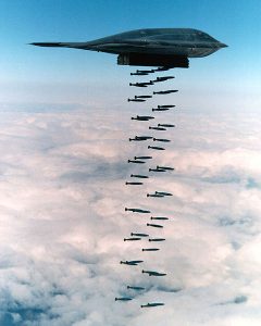 A B-2 Spirit dropping Mk.82 bombs into the Pacific Ocean in a 1994 training exercise off Point Mugu, California, near Point Mugu State Park.