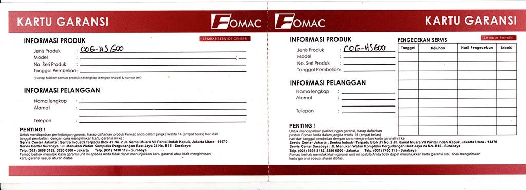 Kartu garansi penggiling kopi Fomac COG-HS600