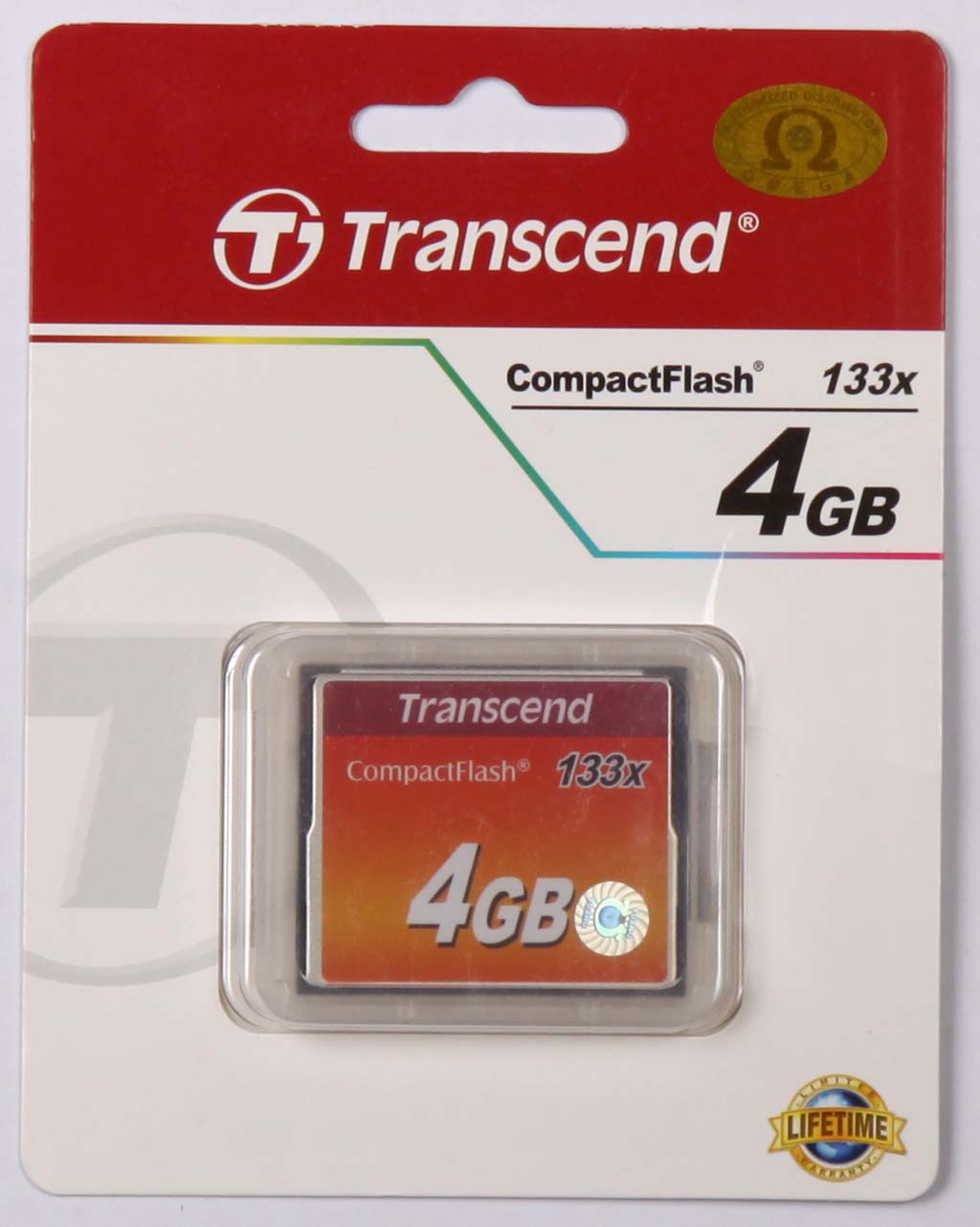 Tampak depan memori compact flash 4GB 133x dari Transcend